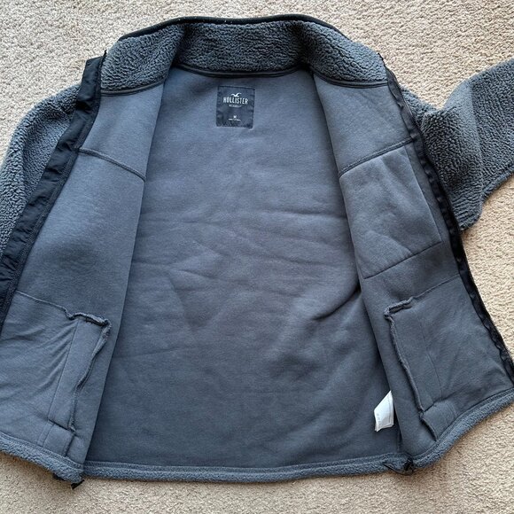 Hollister Sweater Mens Medium Full Zip Mock Neck High Pile Fleece Grey - Picture 3 of 12